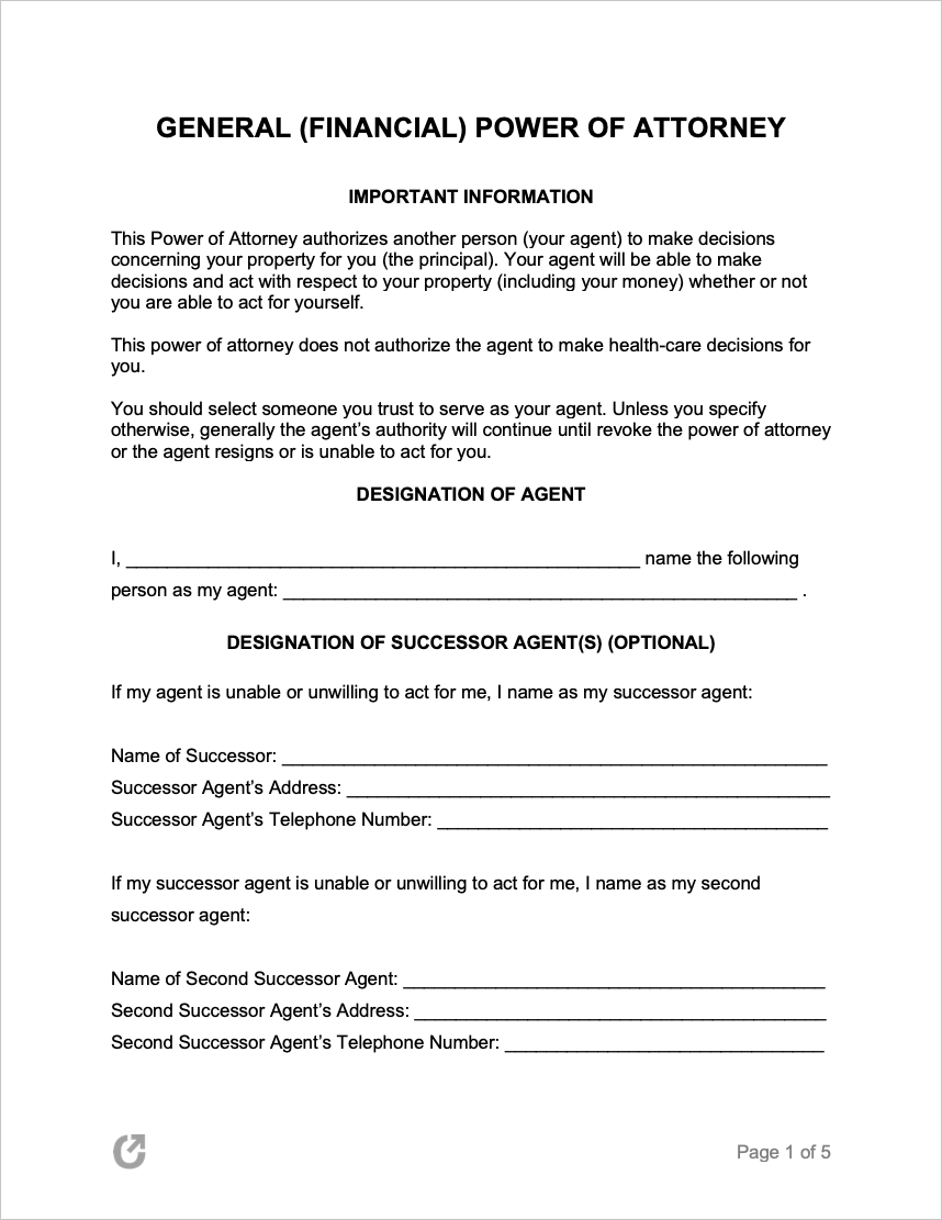 Free General Financial Power Of Attorney Forms Pdf Word Rtf
