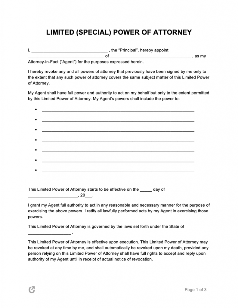Free Limited Special Power Of Attorney Forms Pdf Word Rtf 2636