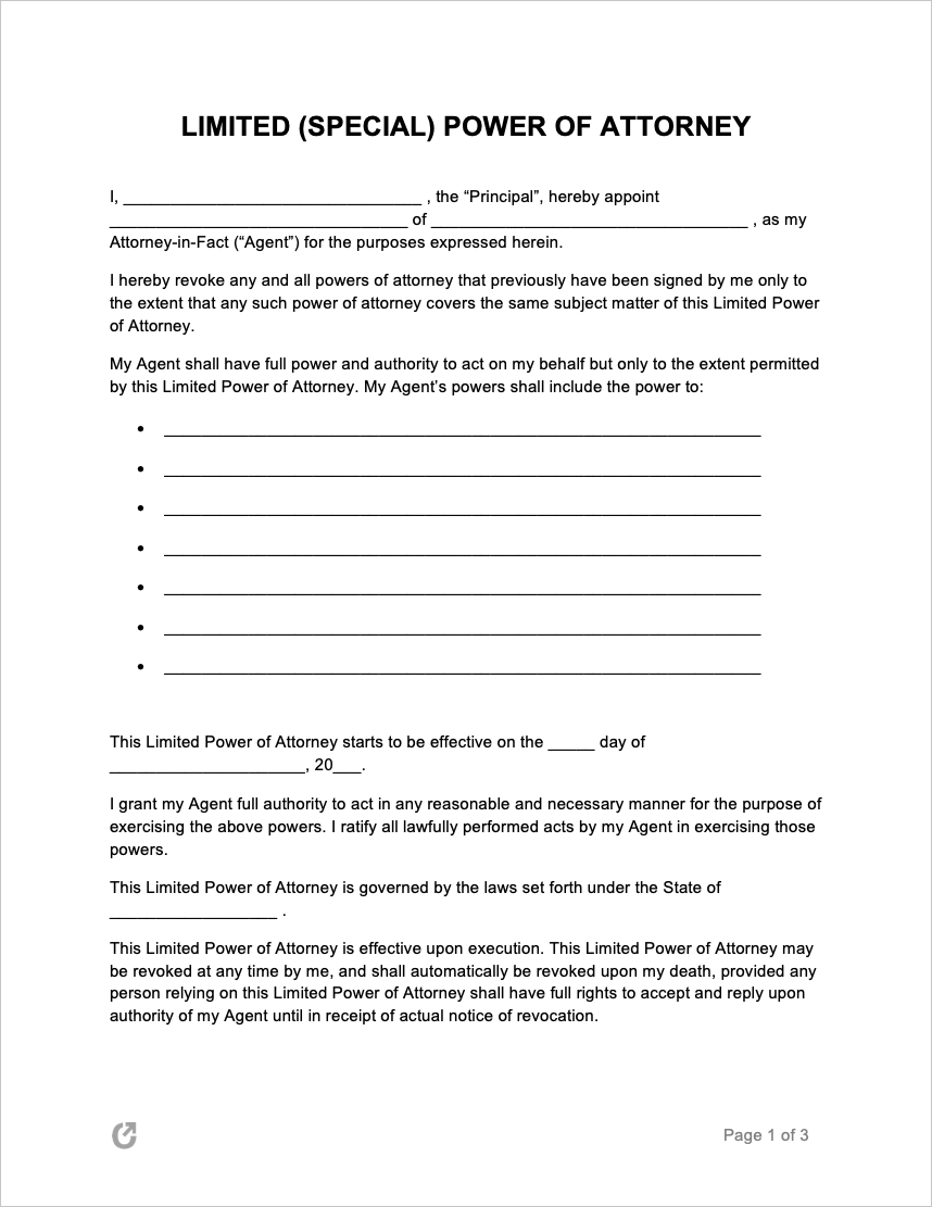 Free Limited (Special) Power of Attorney Forms | PDF | WORD | RTF