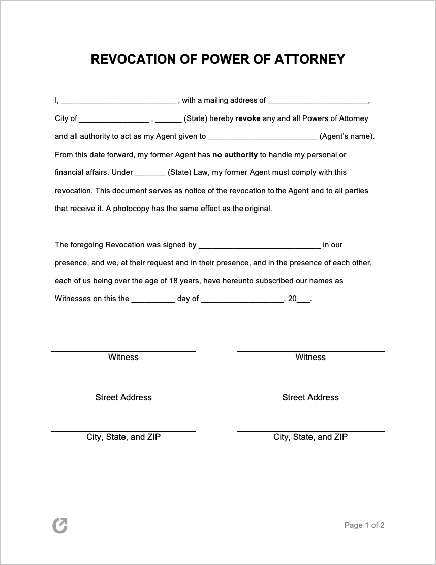 Free Revocation Of Power Of Attorney Form PDF WORD RTF