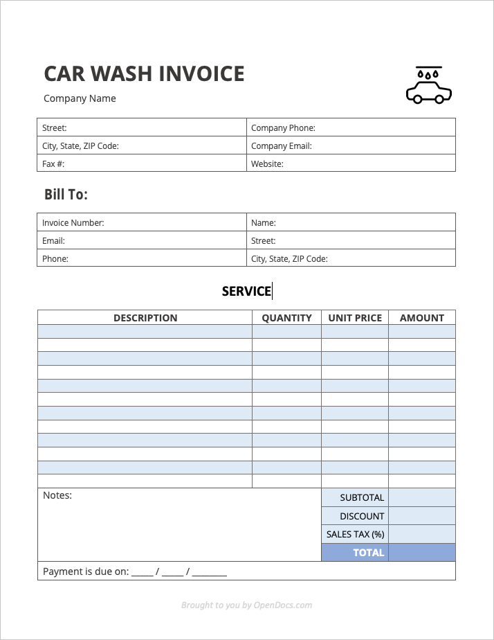 Car Wash Invoice Template