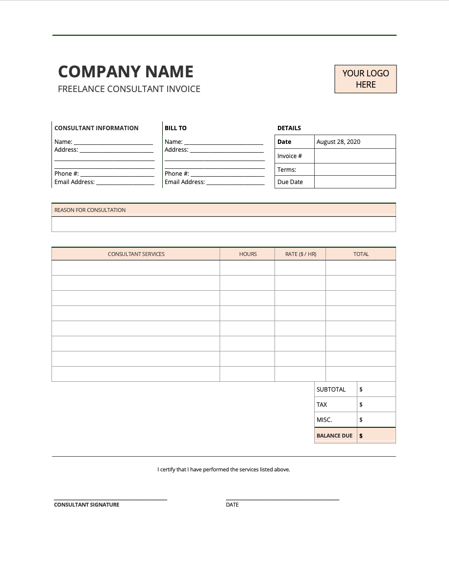 Free Freelance Consultant Invoice Template PDF WORD EXCEL