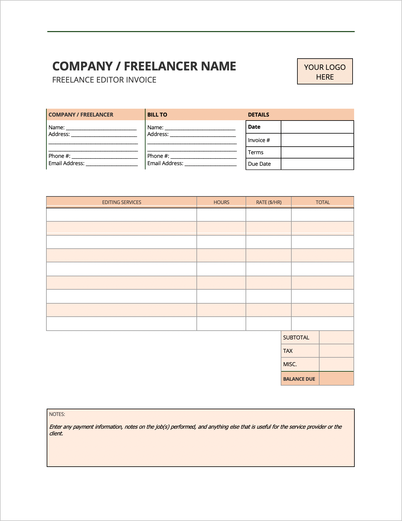 Free Freelance Editor Invoice Template  PDF  WORD  EXCEL With Regard To Timesheet Invoice Template Excel
