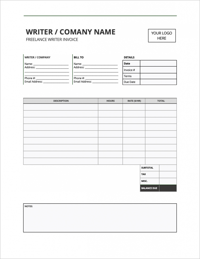 freelance writer invoice template