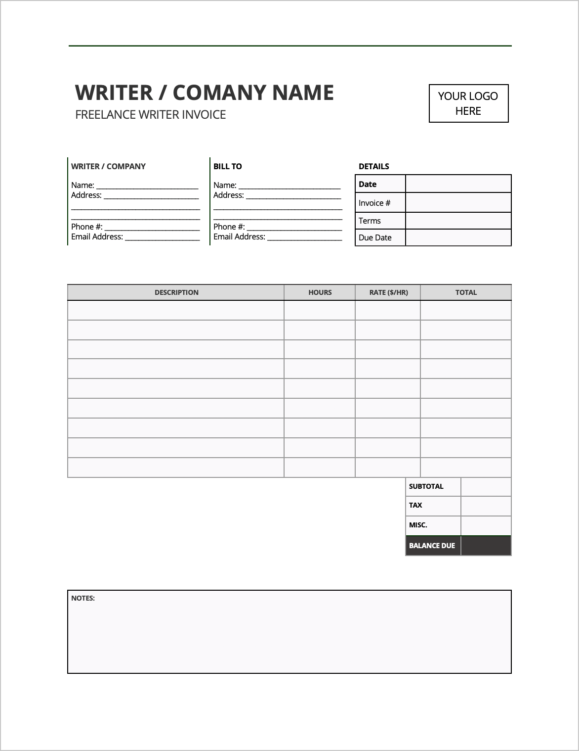 Free Freelance Writer Invoice Template PDF WORD EXCEL
