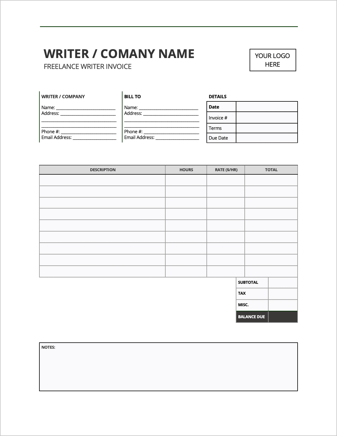 Free Freelance Writer Invoice Template Pdf Word Excel