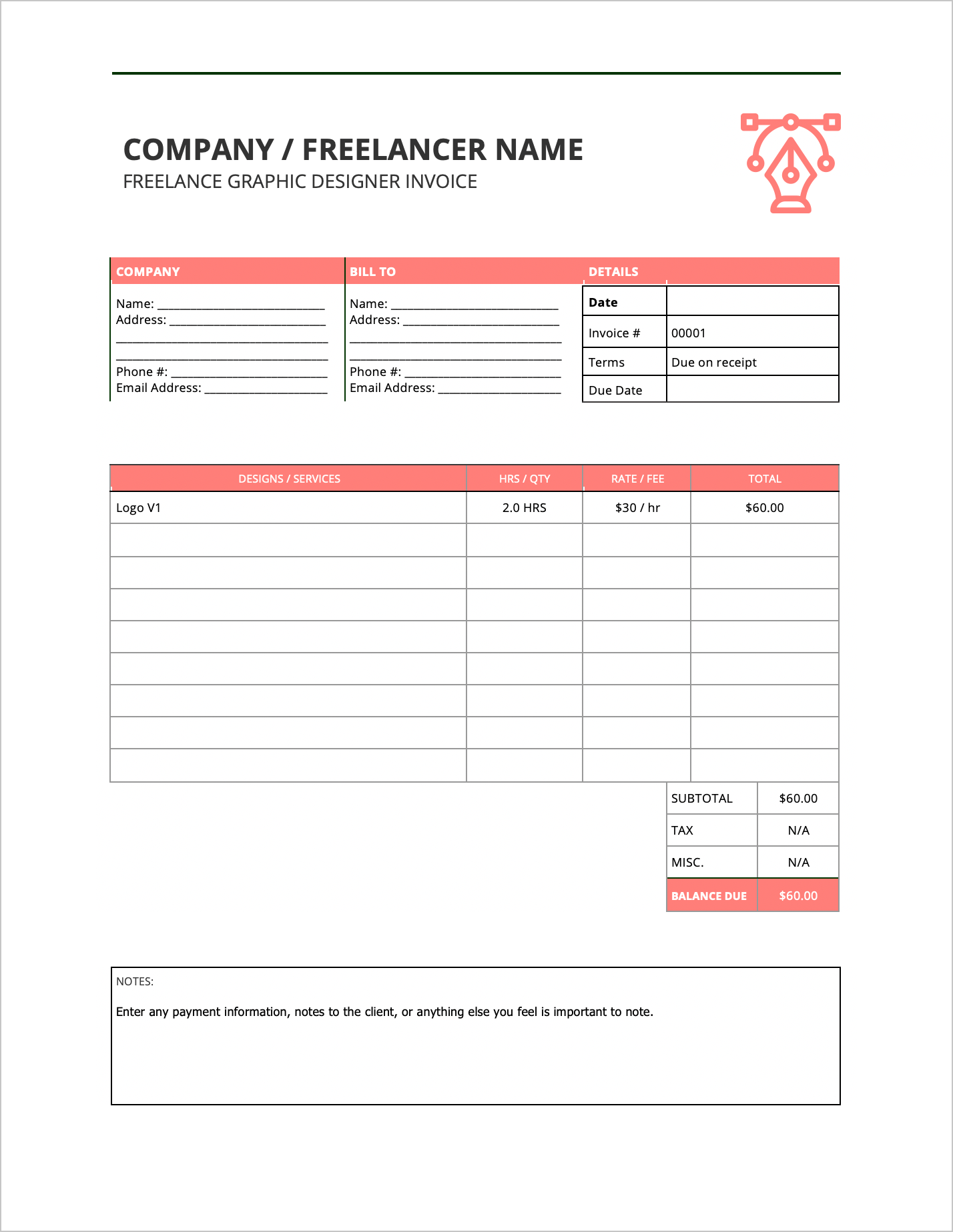 Free Freelance Graphic Designer Invoice Template  PDF  WORD  EXCEL Intended For Graphic Design Invoice Template Word