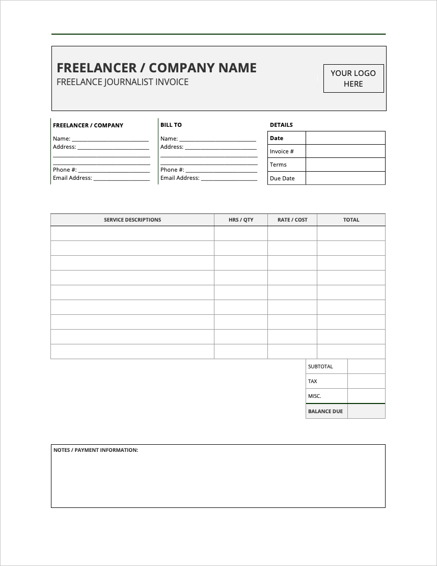 Free Freelance Journalist Invoice Template PDF WORD EXCEL