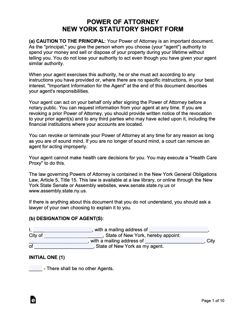 Free New York Durable Power of Attorney Form PDF