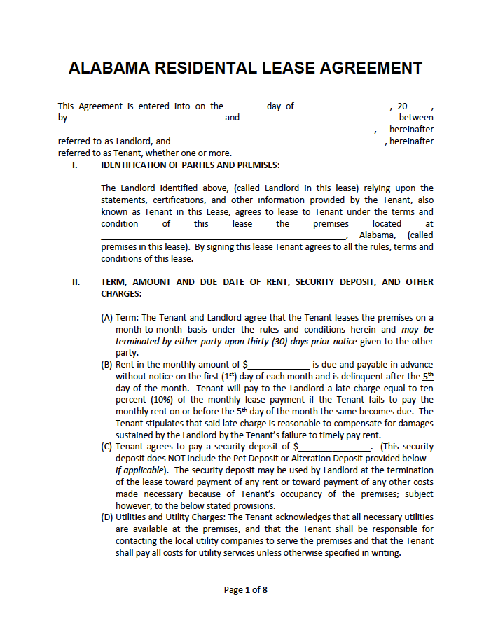 Free Alabama Standard Residential Lease Agreement PDF