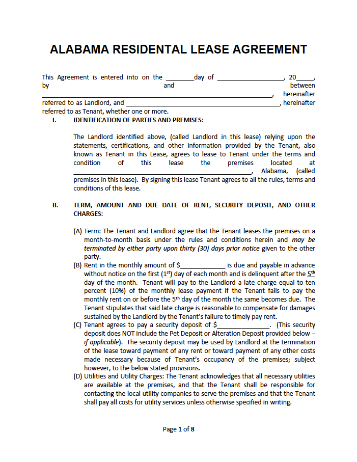 Free Printable Alabama Residential Lease Agreement 6502