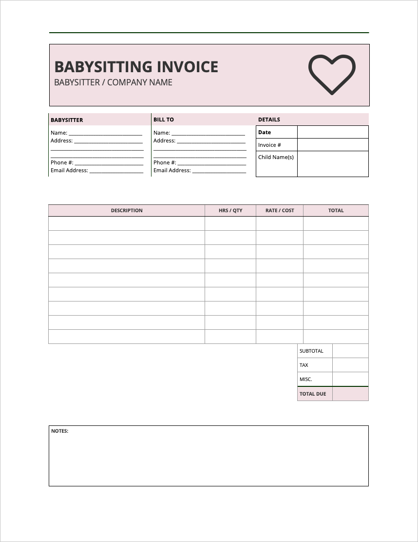Free Babysitting (Nanny) Invoice Template PDF WORD EXCEL
