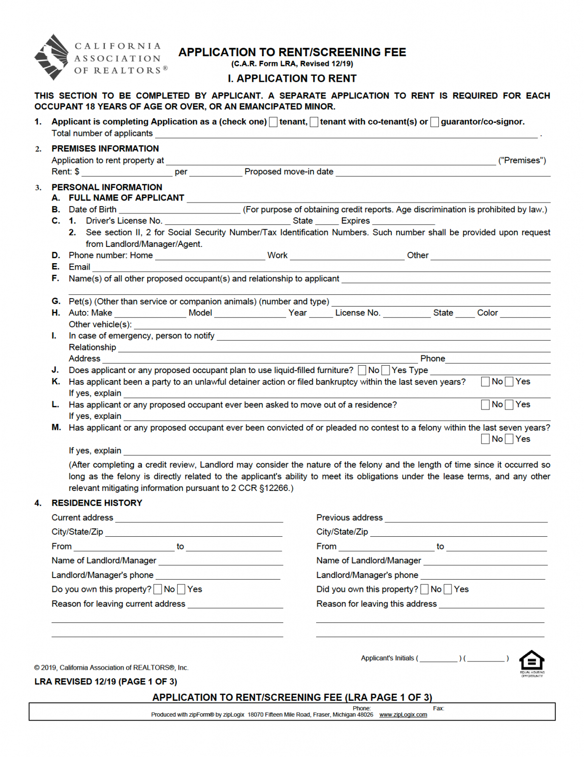 Free California Rental Application PDF WORD Tomas Rosprim