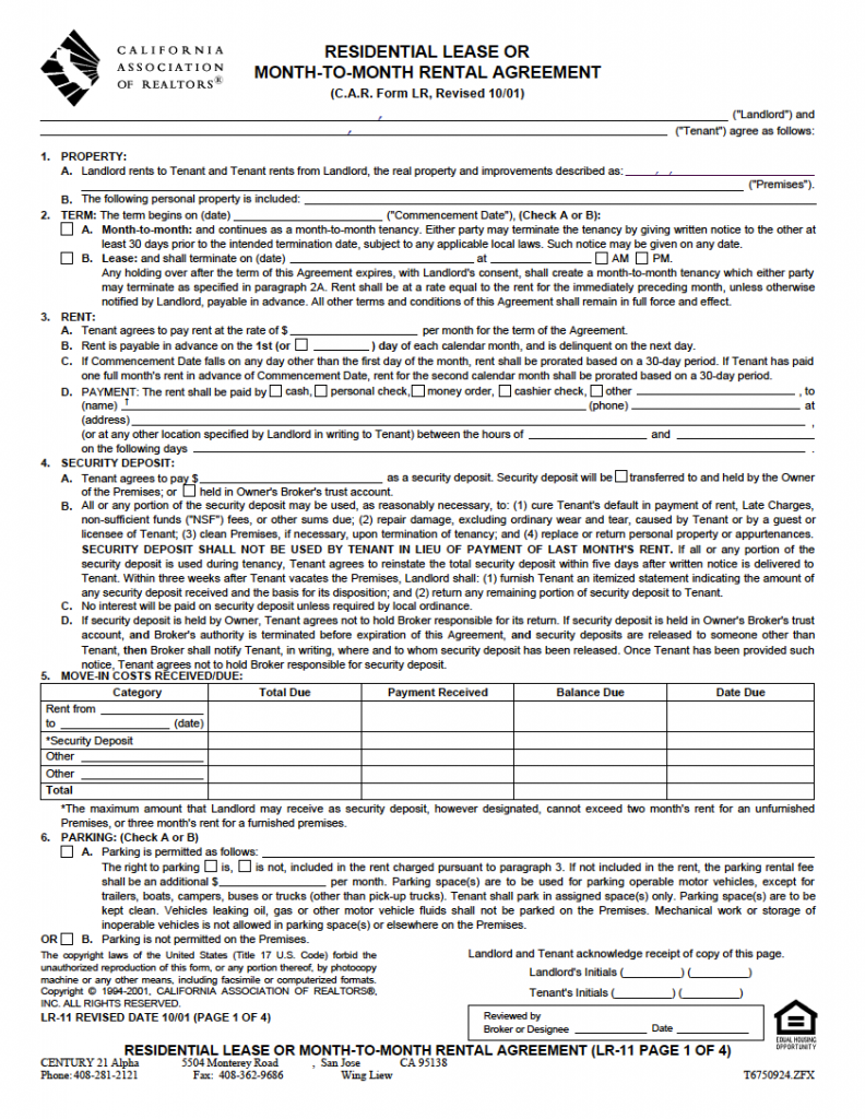 Free California Association Of Realtors Residential Lease Agreement Form