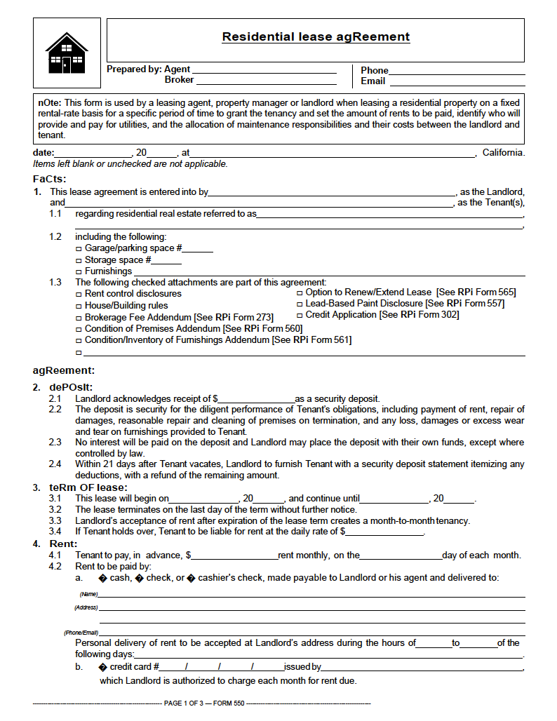 Free California Standard Residential Lease Agreement PDF WORD RTF