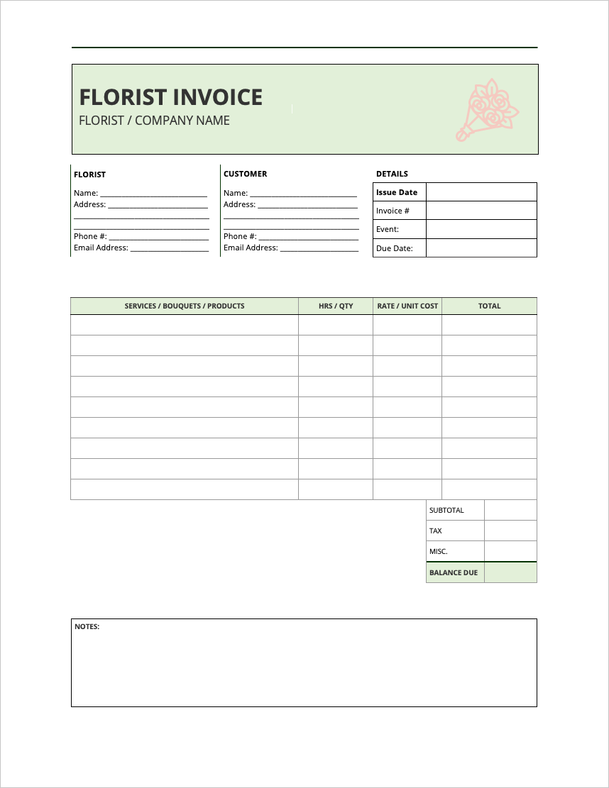 free florist invoice template pdf word excel