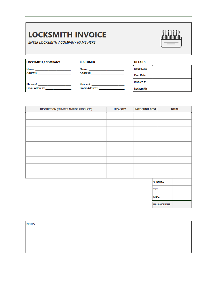 Locksmith Invoice Template 