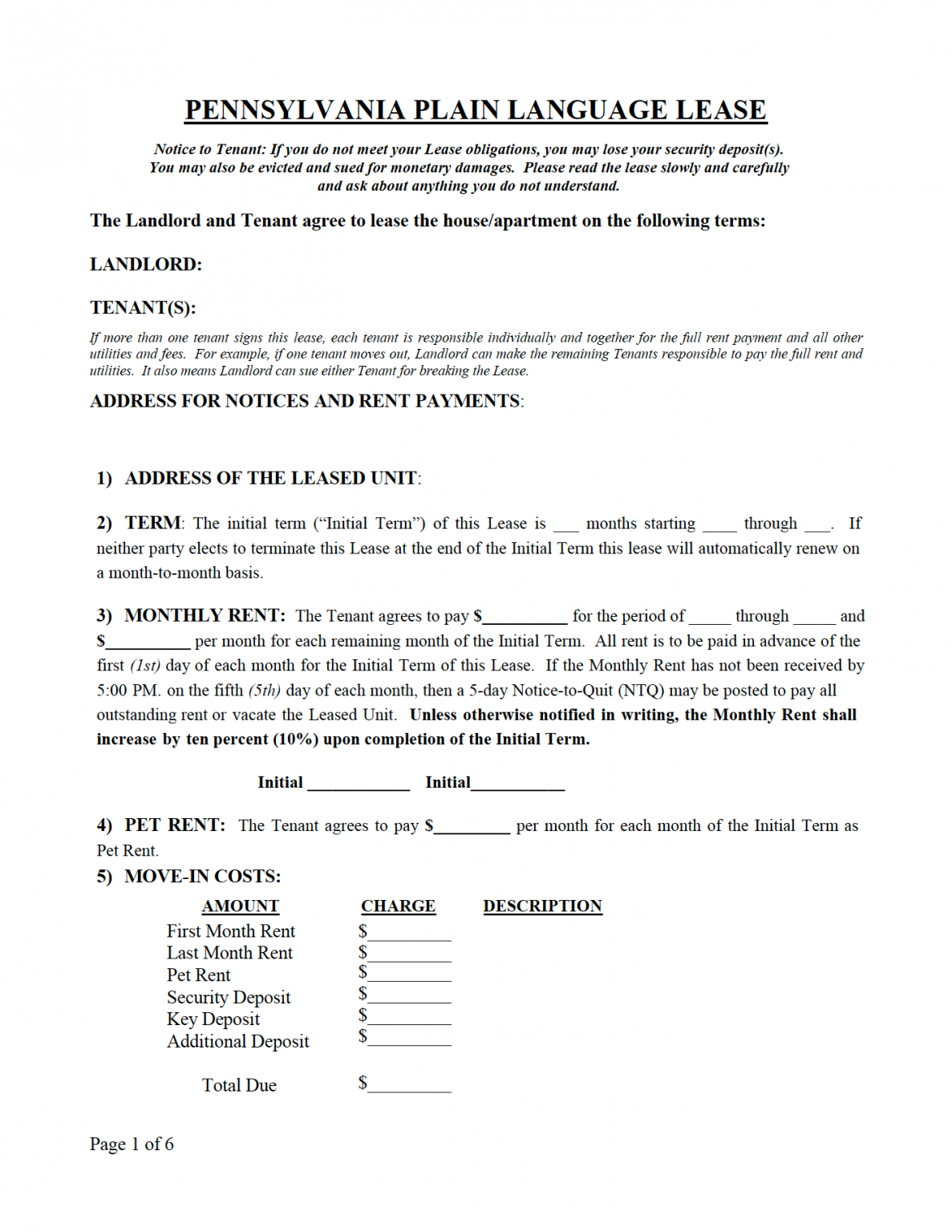 Free Pennsylvania Standard Residential Lease Agreement PDF WORD