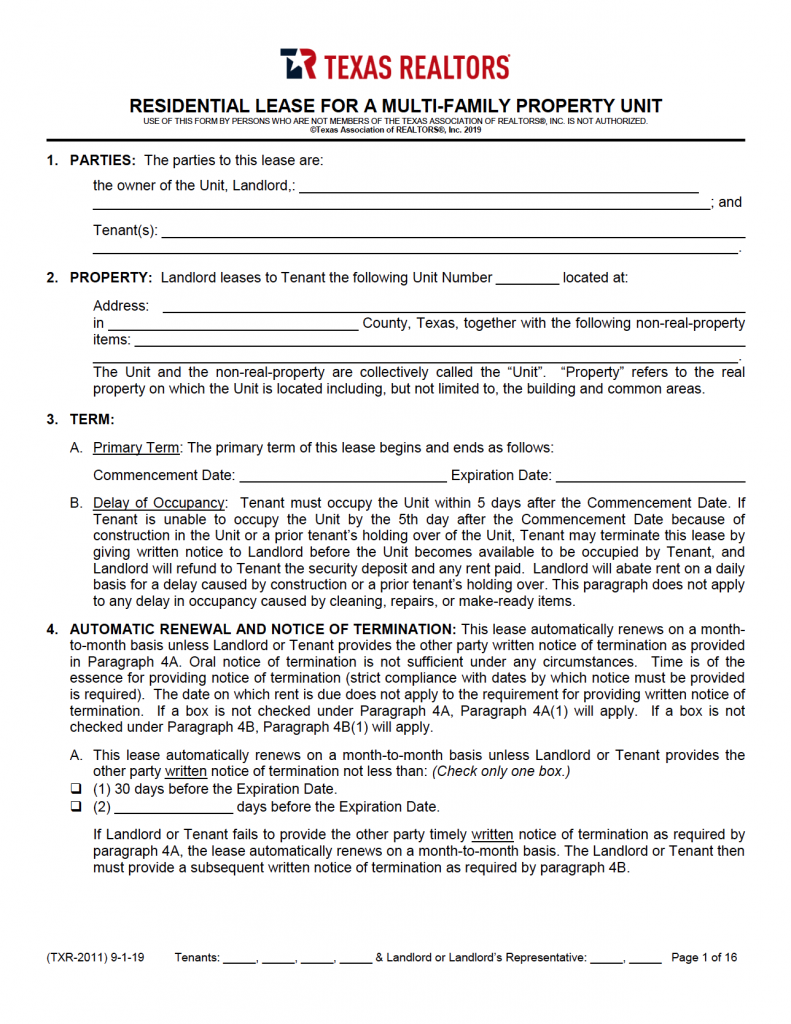 free texas standard residential lease agreement pdf