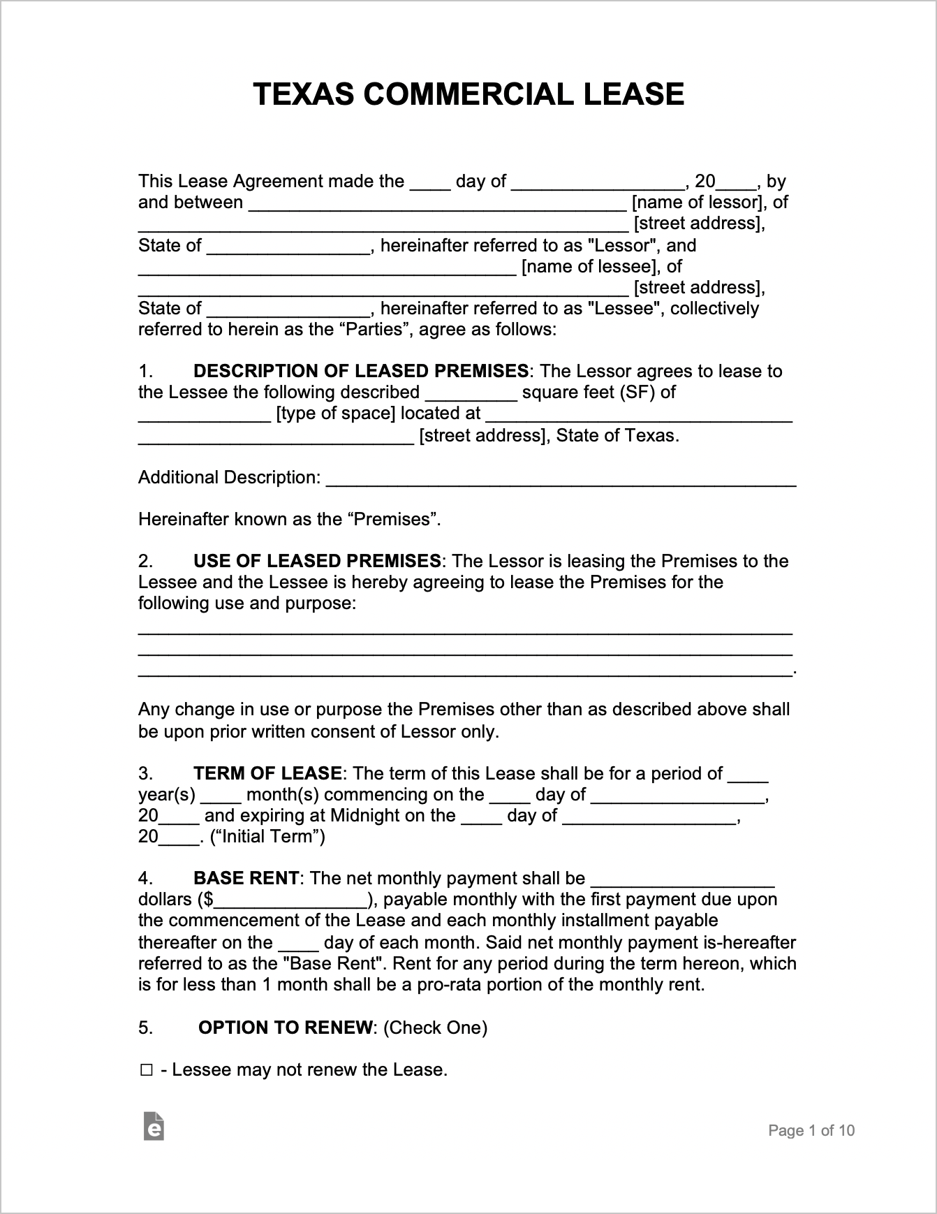 Texas Lease Agreement Printable