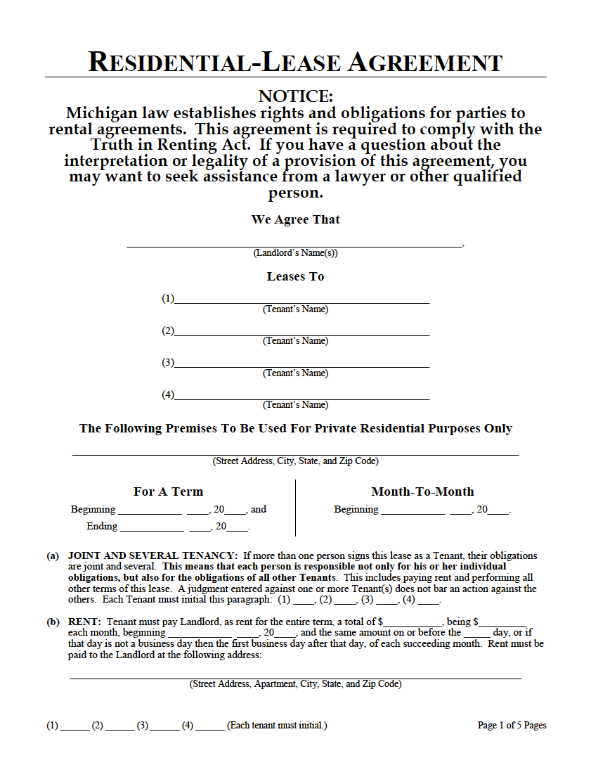 Free Michigan Standard Residential Lease Agreement PDF WORD RTF