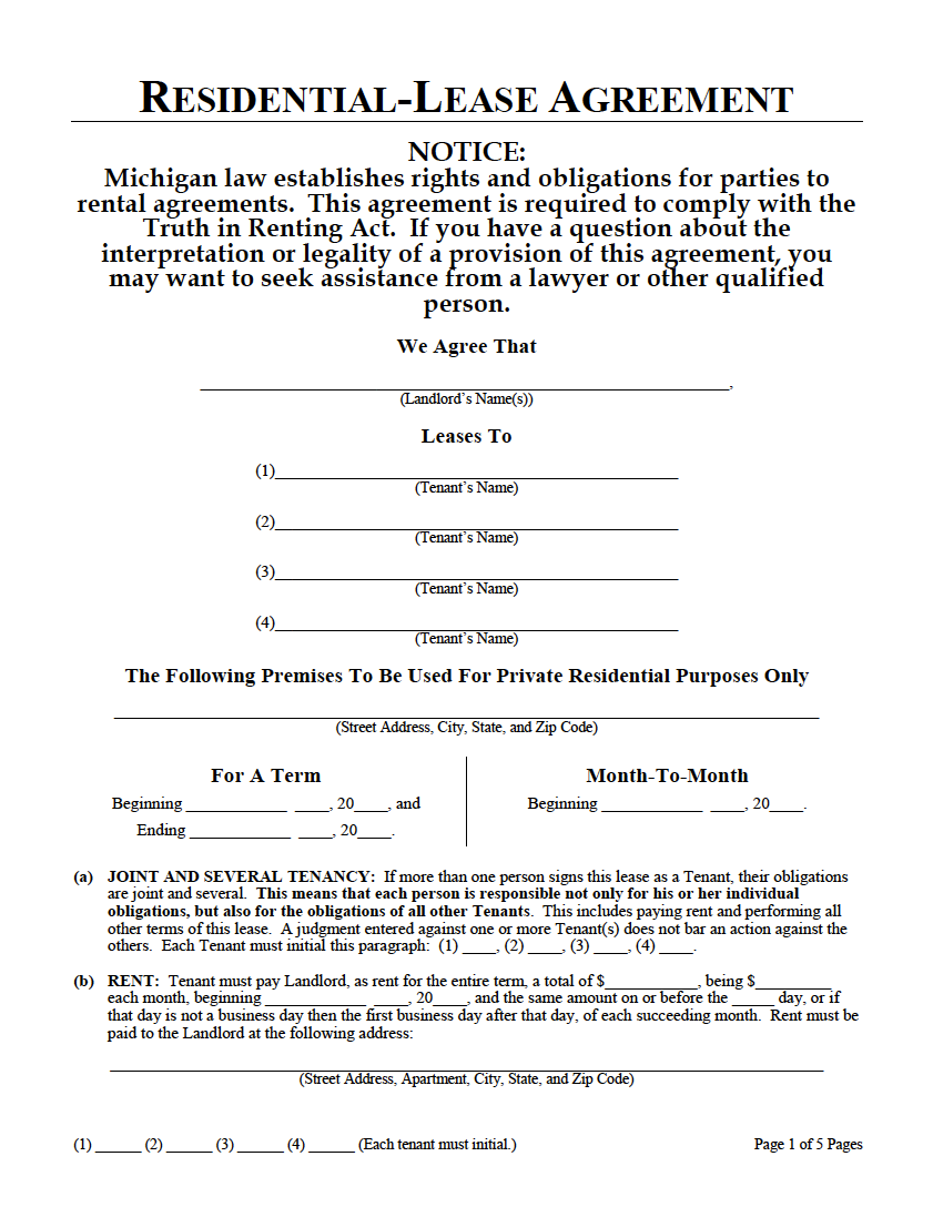 Free Michigan Standard Residential Lease Agreement Pdf Word Rtf