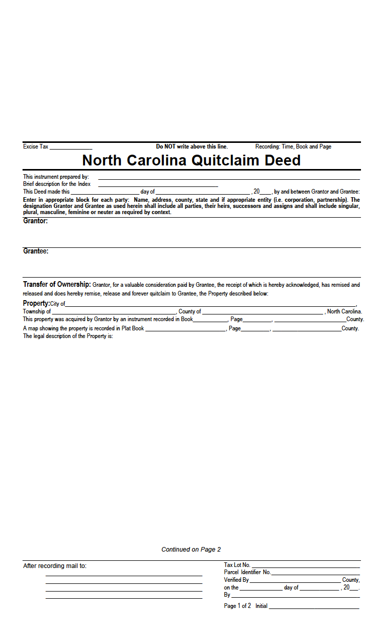 North Carolina Quit Claim Deed Template