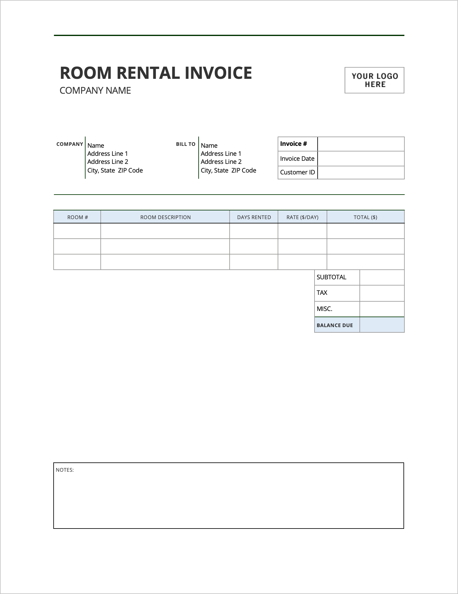 Free Room Rental Invoice Template  PDF  WORD With Regard To Invoice Template For Rent
