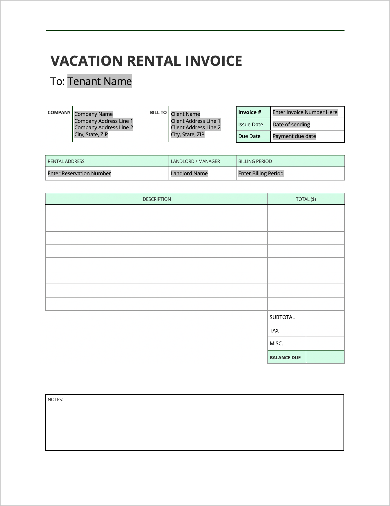 Invoice Template For Rent