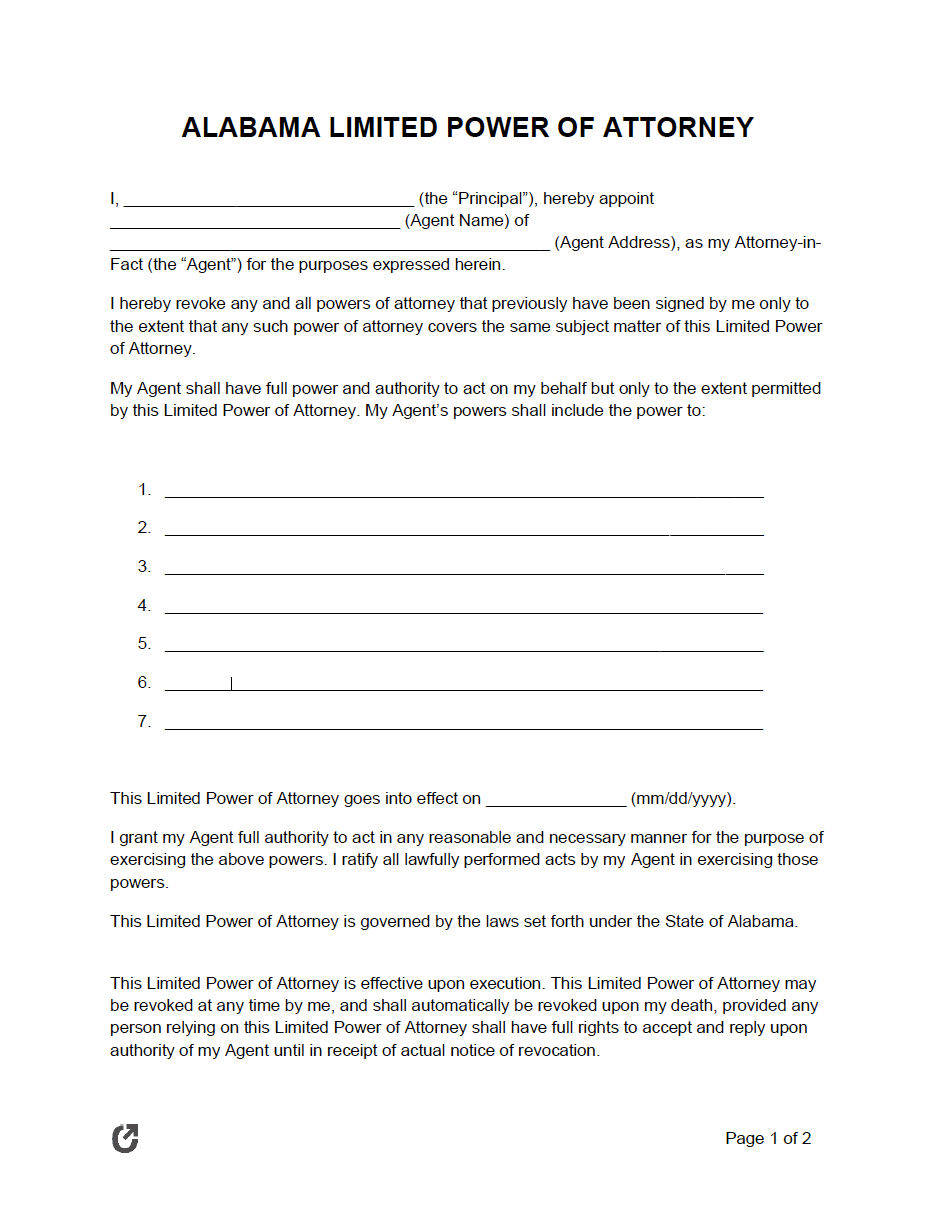 Free Alabama Limited Power Of Attorney Form Pdf Word Rtf