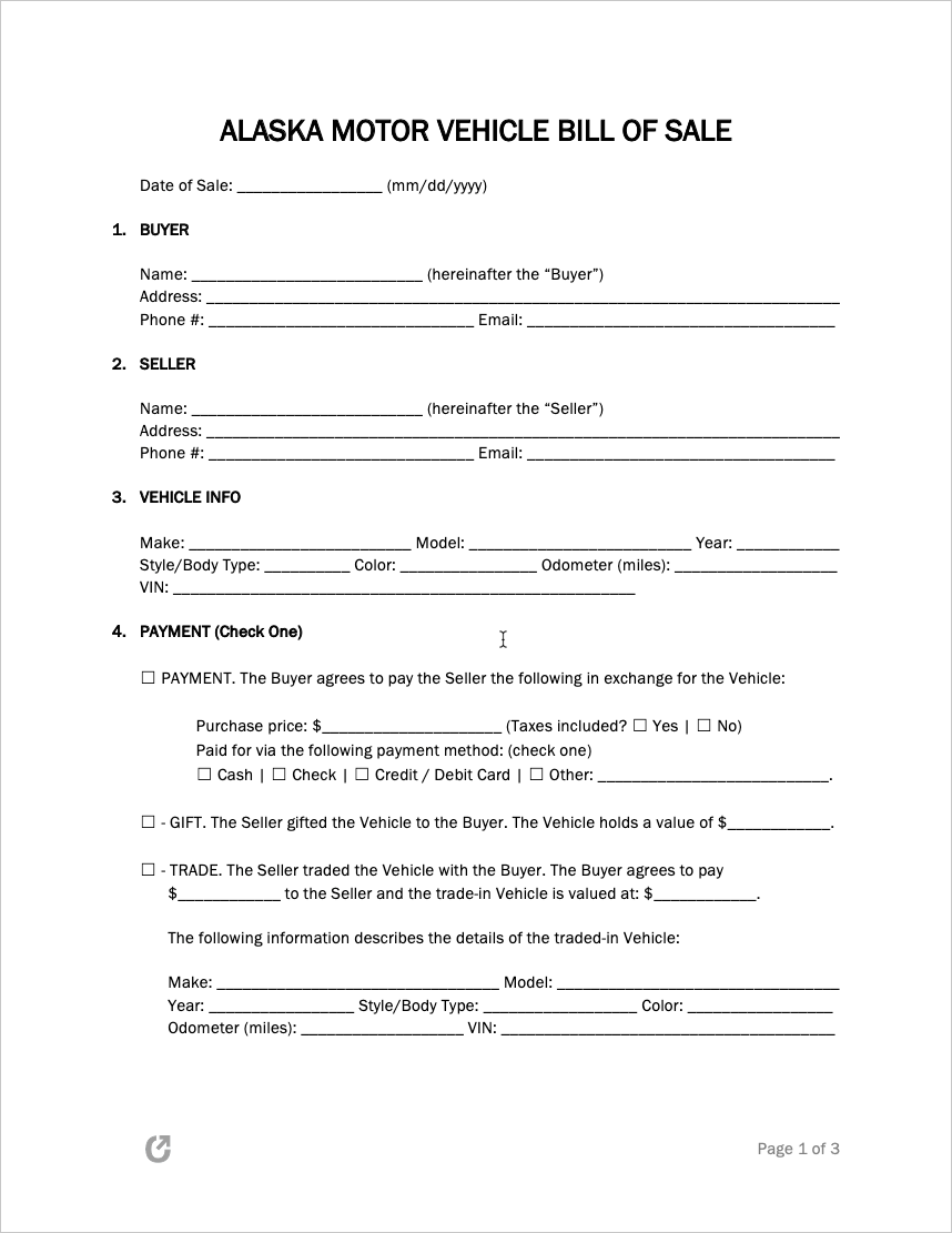 Free Alaska Bill of Sale Forms (21)  PDF  WORD  RTF Inside Car Bill Of Sale Word Template