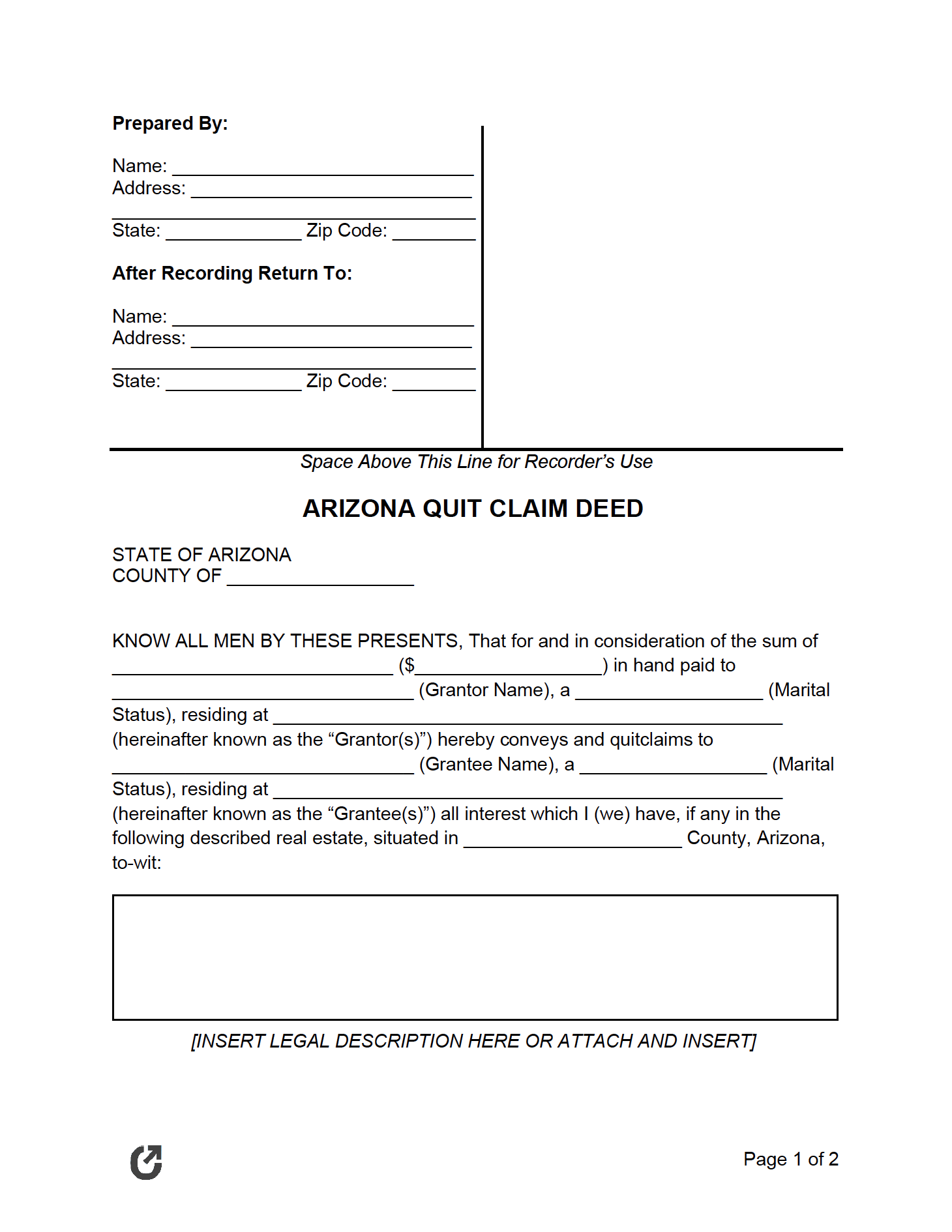 Free Arizona Quit Claim Deed Form PDF WORD RTF