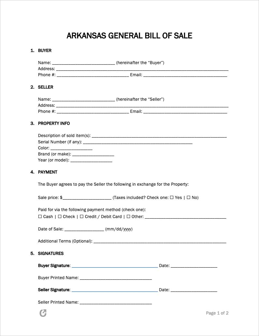 Free Arkansas General Bill of Sale Form PDF WORD RTF
