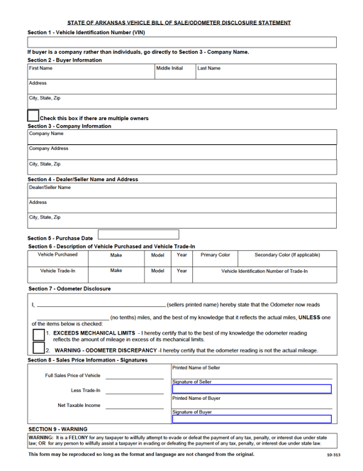 Arkansas Bill Of Sale Form Printable For Vehicle