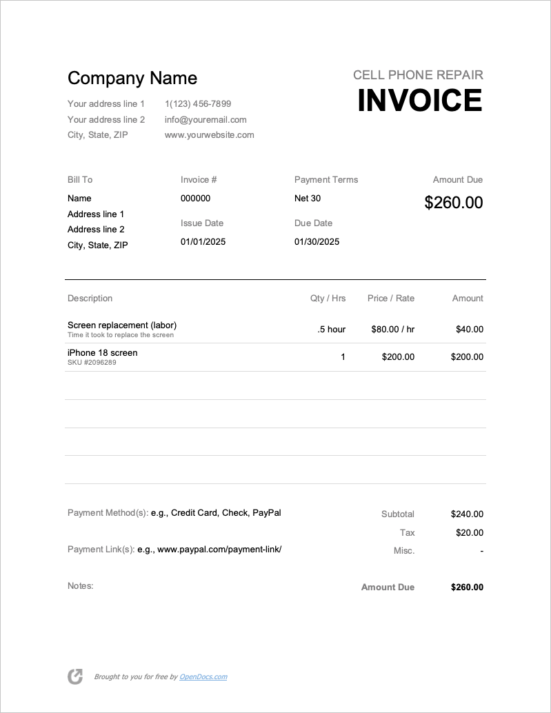 Free Cell Phone Repair Invoice Template PDF WORD EXCEL