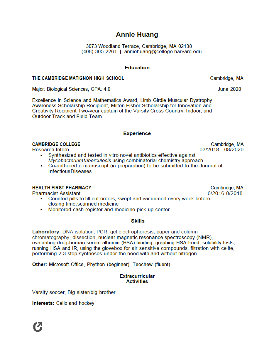 high school resume template for college application