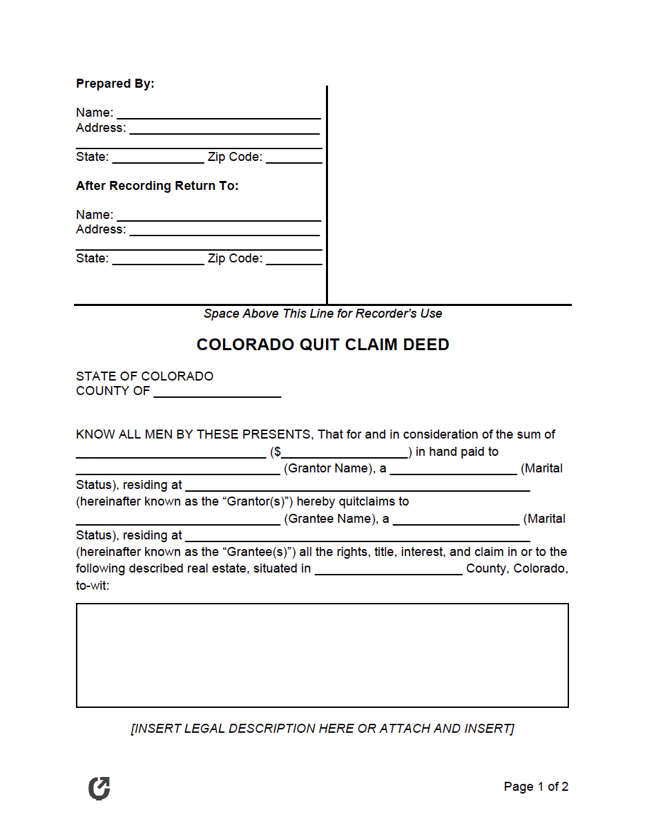 Free Colorado Quit Claim Deed Form Pdf Word Rtf 8075