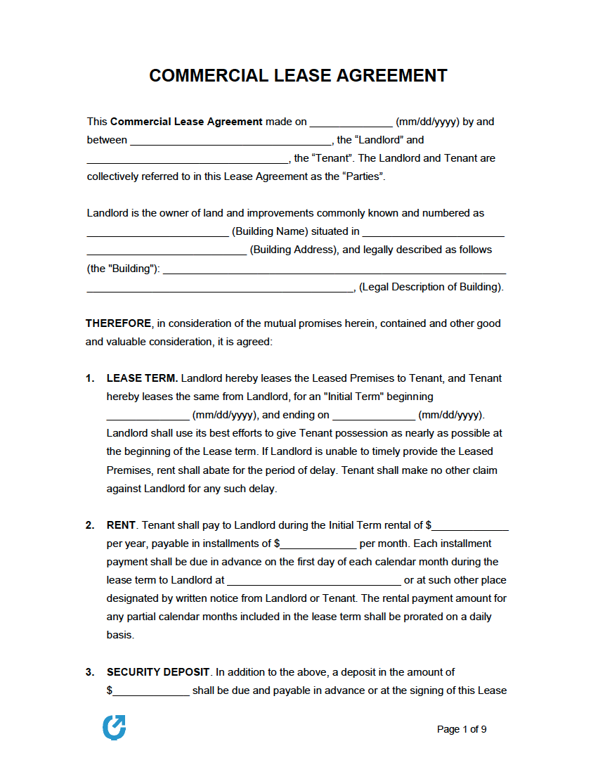 Free Commercial Lease Agreement Templates  PDF  WORD  RTF Inside free printable commercial lease agreement template