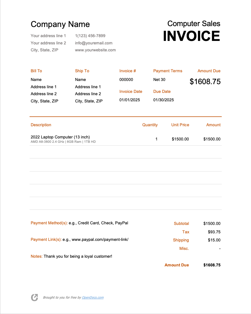 Free Computer Sales Invoice Template PDF WORD EXCEL