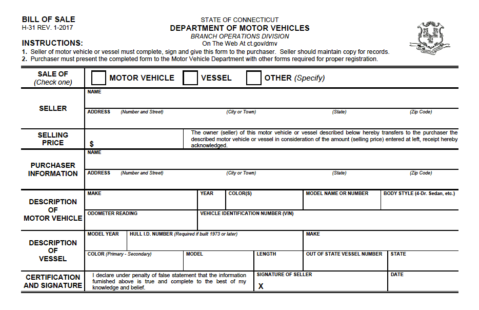 Free Connecticut Trailer Bill Of Sale Form PDF