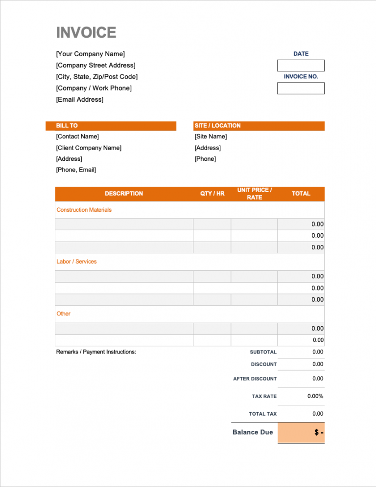 Free Construction Invoice Template PDF WORD EXCEL