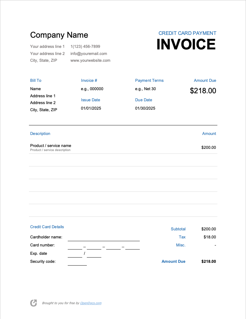 Free Credit Card Payment Invoice Template  PDF  WORD  EXCEL Intended For Credit Card Bill Template