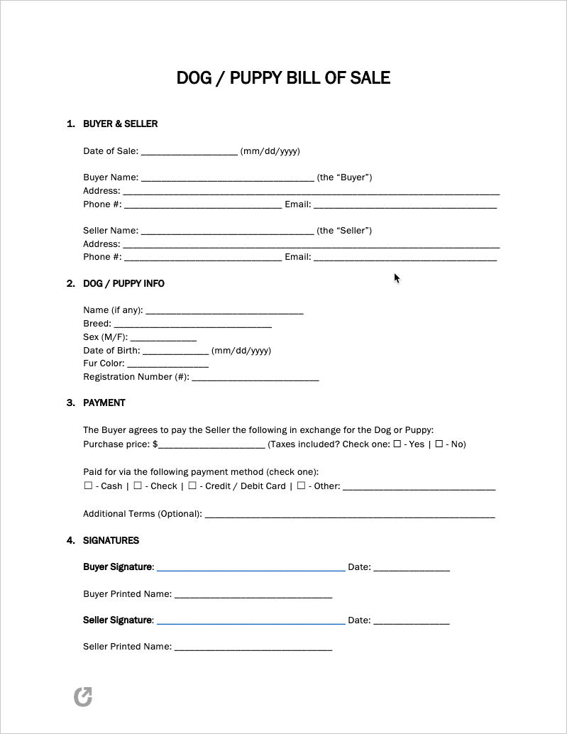 Free Dog / Puppy Bill of Sale Form | PDF | WORD - OpenDocs