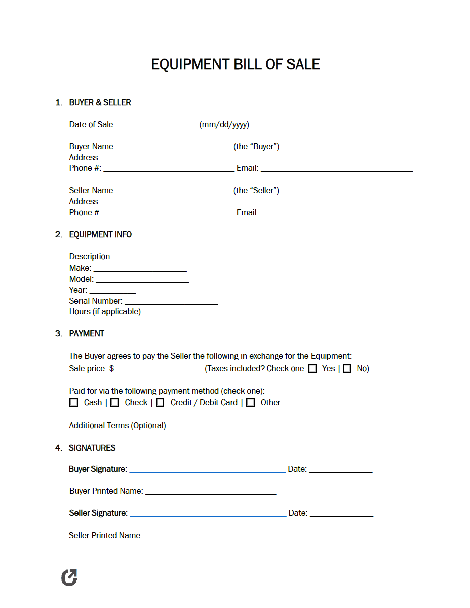 Free Printable Equipment Bill Of Sale Form