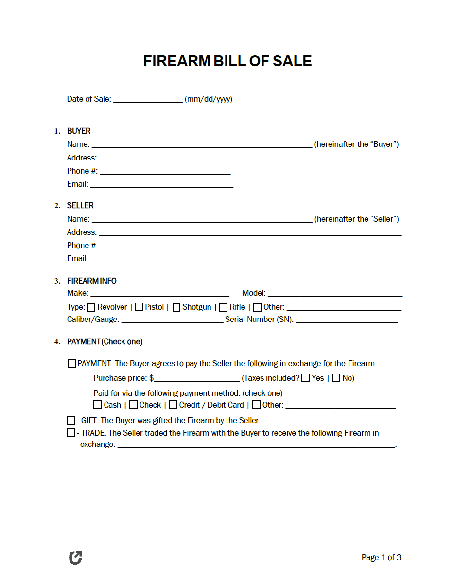 Free Firearm / Gun Bill of Sale Form PDF WORD RTF