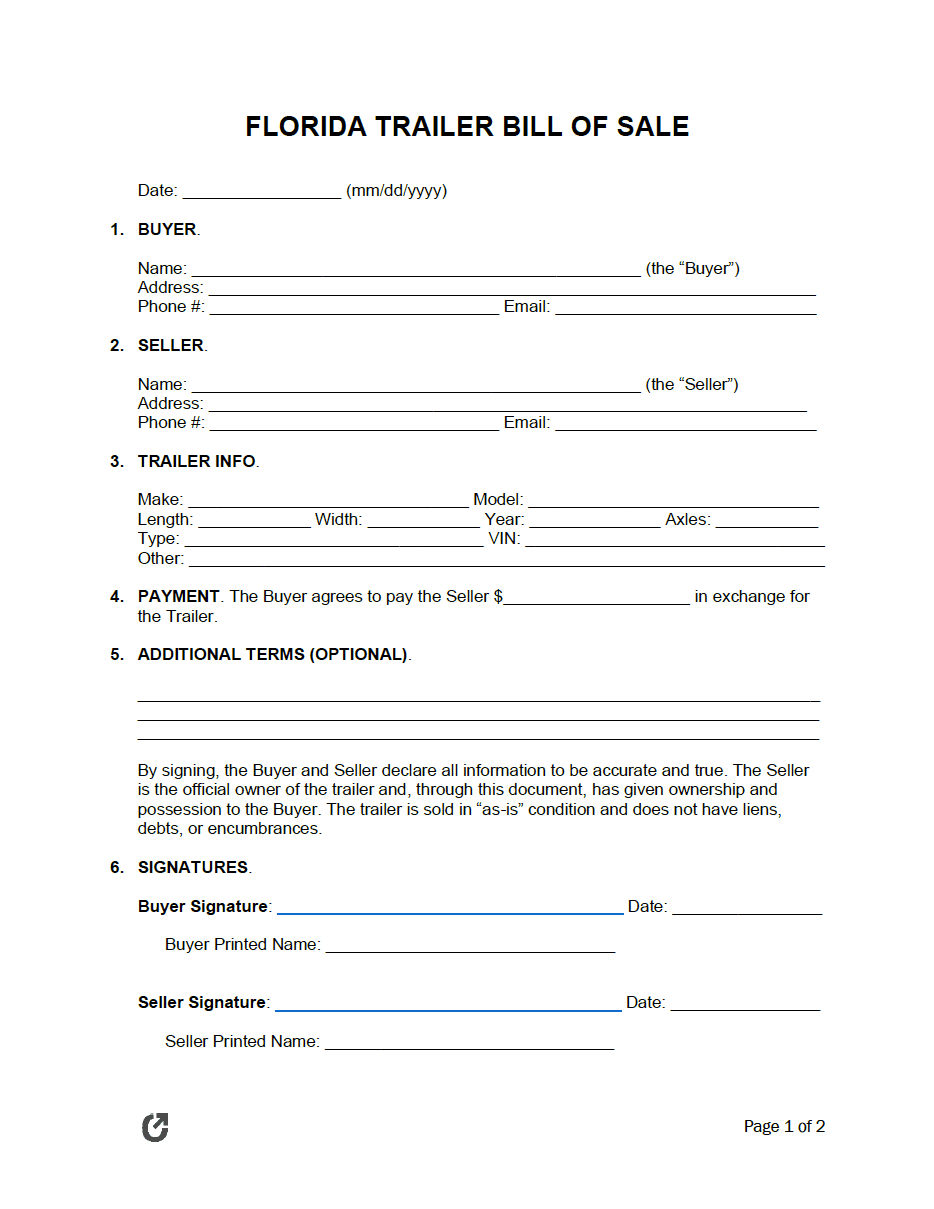 Free Florida Trailer Bill Of Sale Form PDF WORD RTF