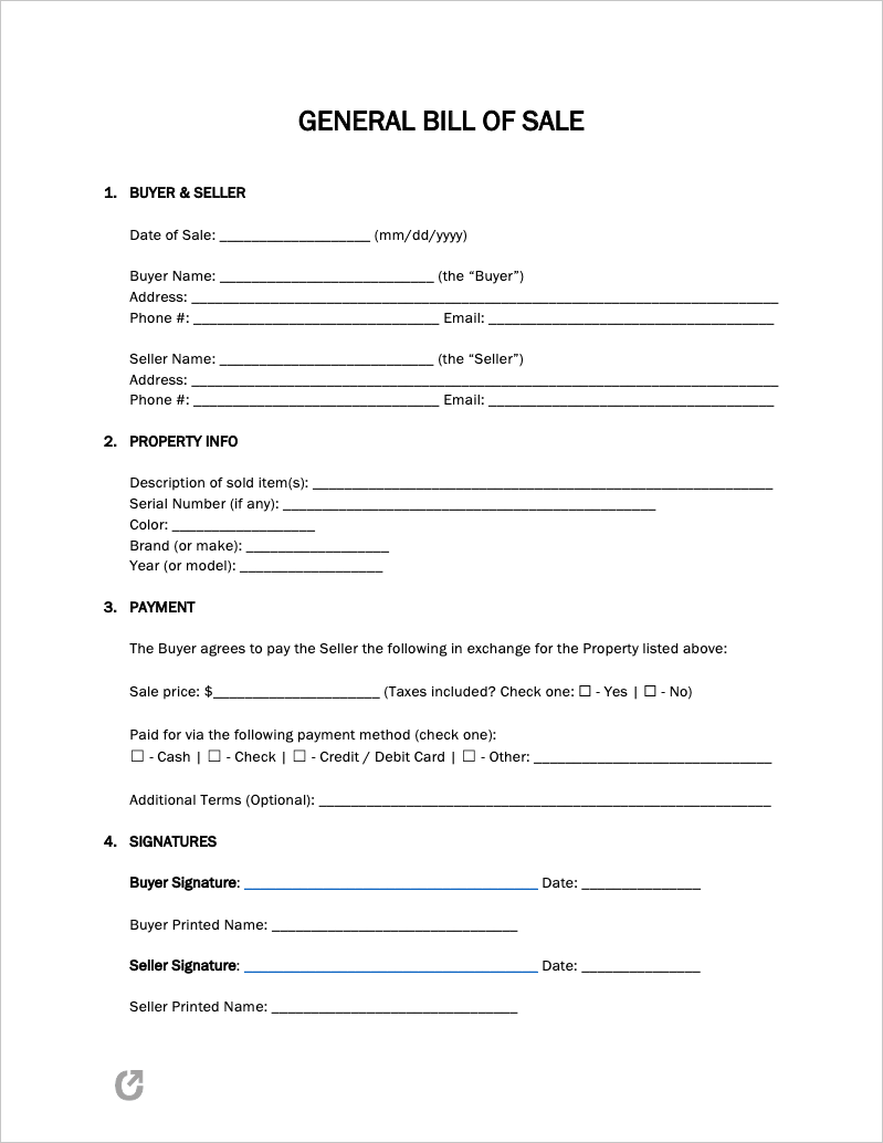 Free General Bill Of Sale Form PDF WORD RTF