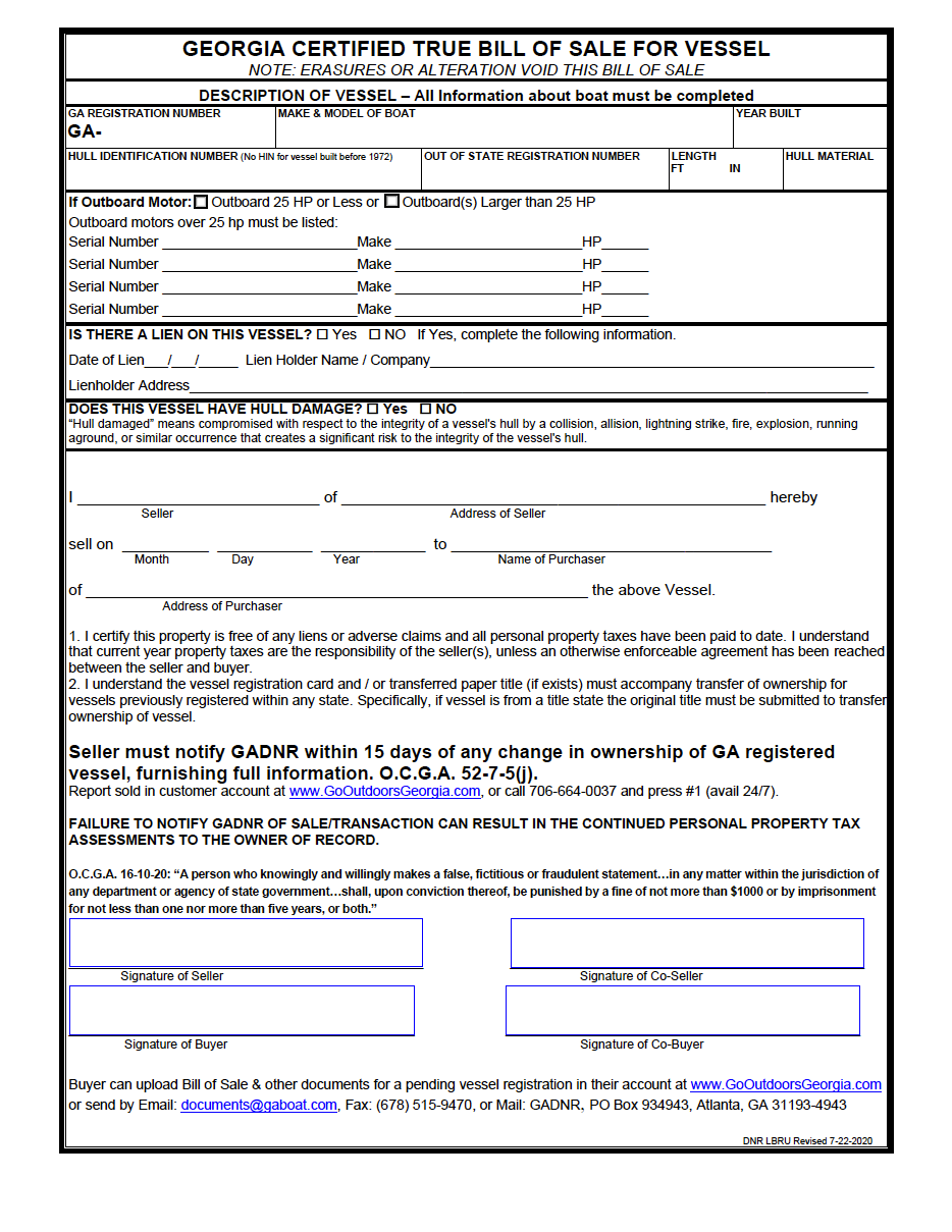 Free Georgia Boat Bill Of Sale Form PDF