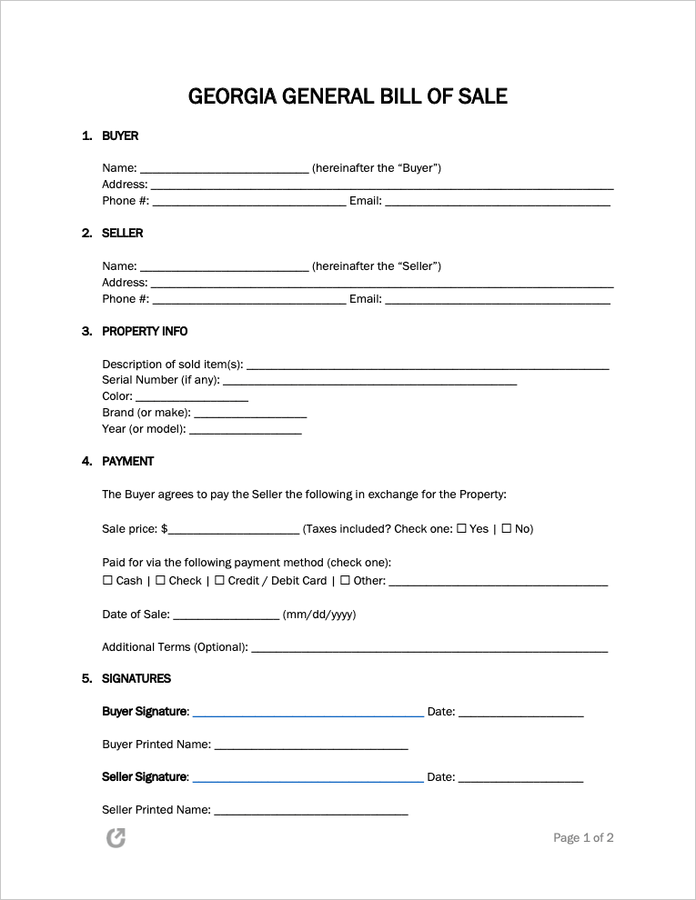 Free Georgia Bill Of Sale Forms PDF