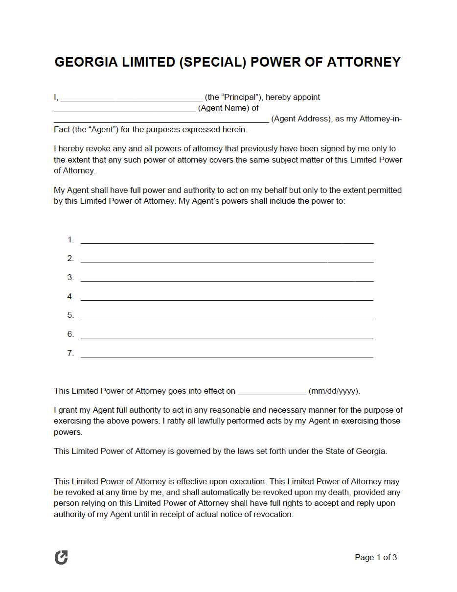 Free Georgia Limited Power Of Attorney Form PDF WORD RTF